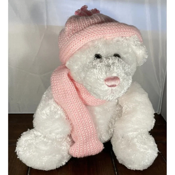 Dan Dee White Teddy Bear Pink Hat Scarf Nose Plush Stuffed Animal Toy 9 Inch - Picture 1 of 6